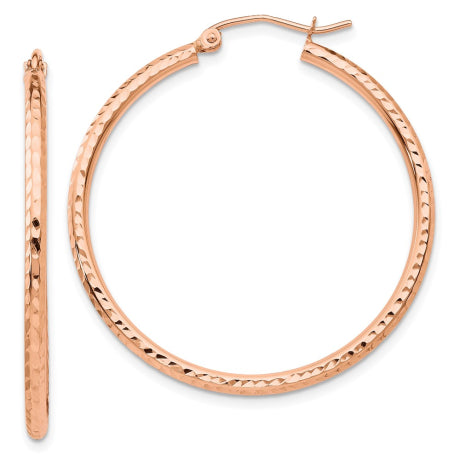 14k Rose Gold Polished Lightweight Large Diamond-cut Tube Hoop Earrings