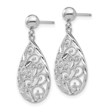 14k White Gold Polished Filigree Teardrop Post Dangle Earrings