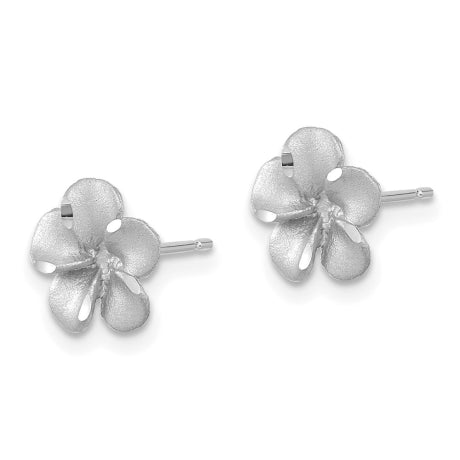 14k White Gold Satin Diamond-cut Plumeria Post Earrings