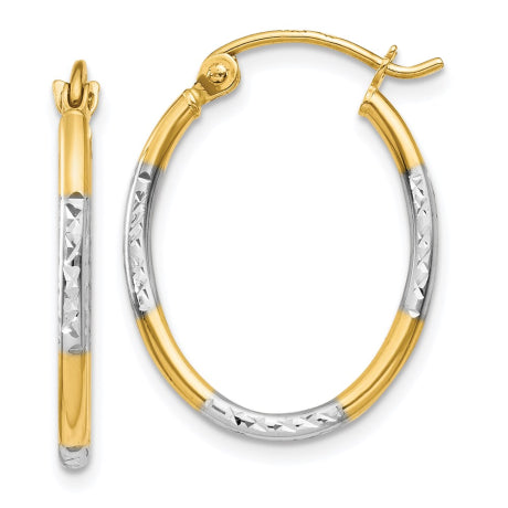 14K w/White Rhodium Diamond Cut Oval Hoop Earrings