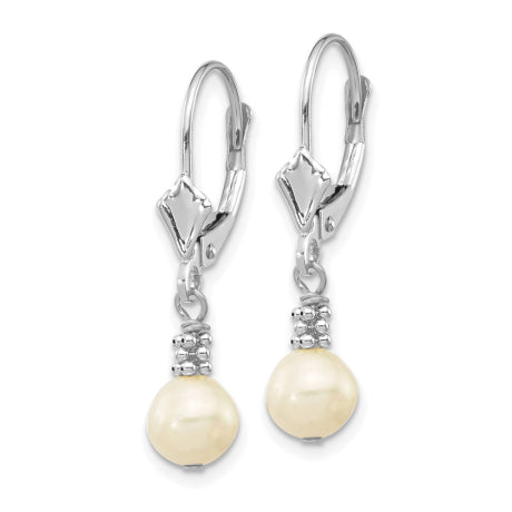 14K White Gold 5-6mm White Semi-round FWC Pearl Leverback Earrings