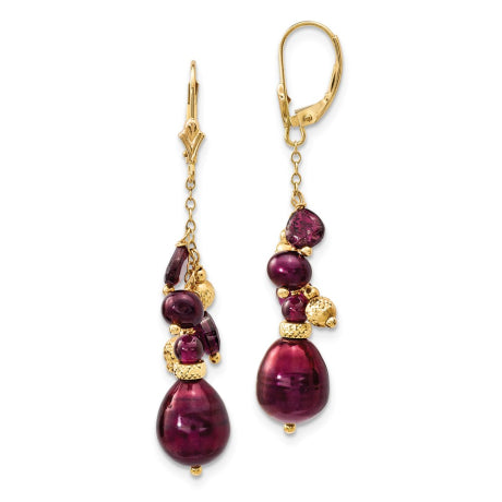 14k Garnet & 9-10mm Cranberry FWC Pearl Leverback Earrings