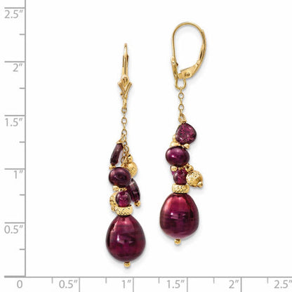 14k Garnet & 9-10mm Cranberry FWC Pearl Leverback Earrings