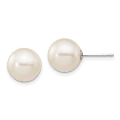 14k White Gold 9-10mm White Round FW Cultured Pearl Stud Post Earrings