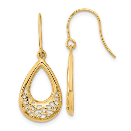 14k Polished Floral Teardrop Shepherd Hook Earrings