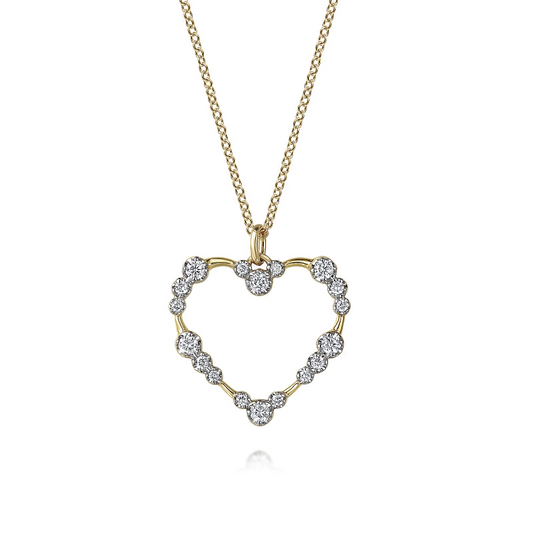 Gabriel & Co | 14K Yellow Gold Graduated Diamond Station Heart Pendant Necklace