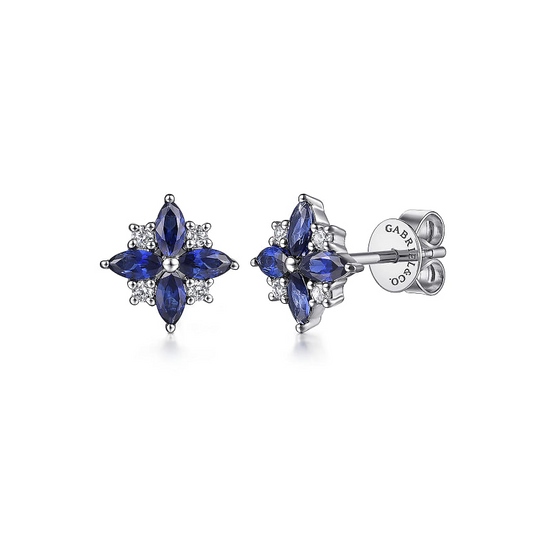 Gabriel & Co | 14K White Gold Diamond and Blue Sapphire Bursting Star Studs