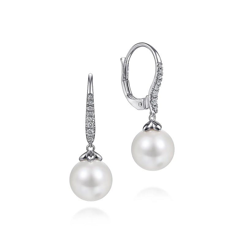 Gabriel & Co | 14K White Gold Pearl and Diamond Leverback Earrings