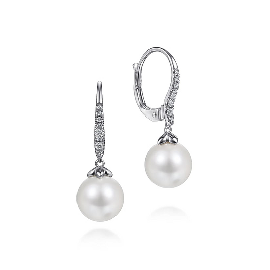 Gabriel & Co | 14K White Gold Pearl and Diamond Leverback Earrings