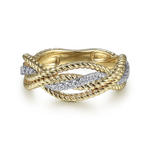 Gabriel & Co | 14K White-Yellow Gold Twisted Rope and Diamond Intersecting Ring