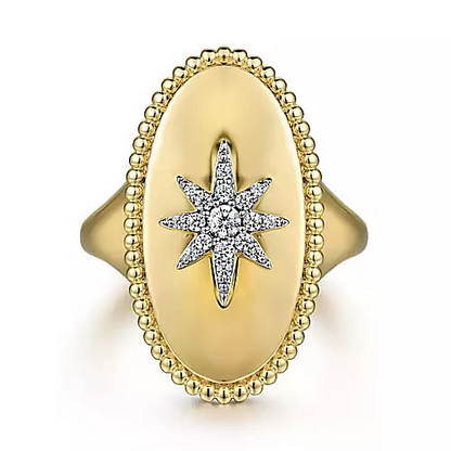 Gabriel & Co | 14K Yellow Gold Bujukan Oval Diamond Starburst Signet Ring