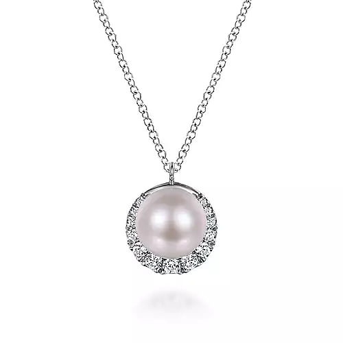 Gabriel & Co | 14K White Gold Cultured Pearl and Diamond Halo Pendant Necklace