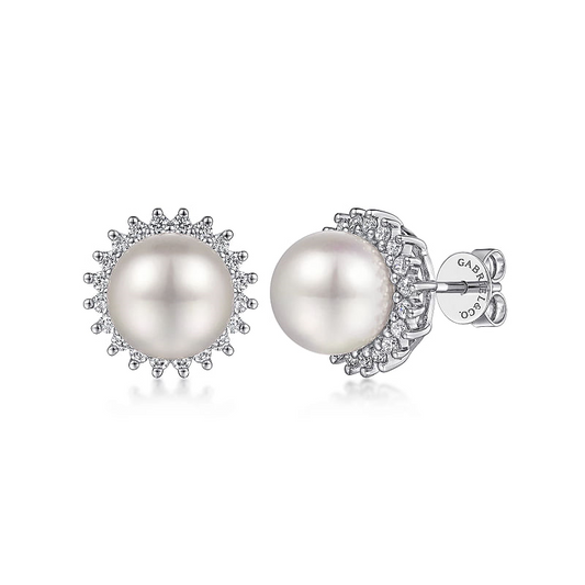 Gabriel & Co | 14K White Gold Pearl with Diamond Halo Stud Earrings