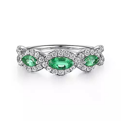 Gabriel & Co | 14K White Gold Twisted Diamond Rows and Emerald Marquise Stones Ring