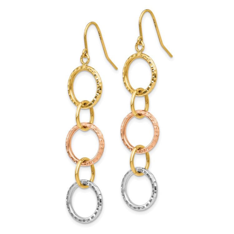 14k Tri-Color Diamond Cut Circle Dangle Earrings