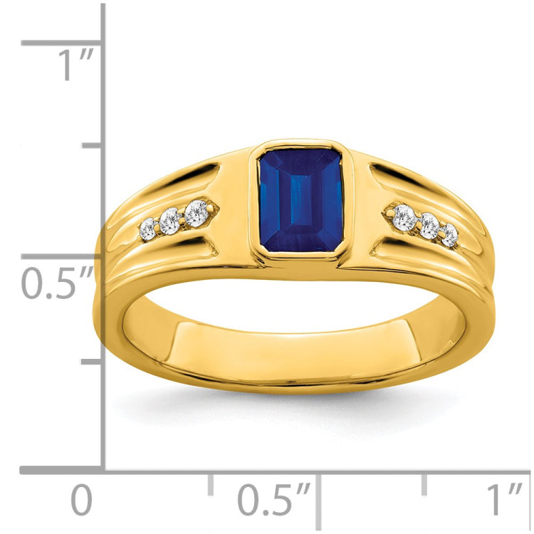 14k Created Sapphire and Diamond Mens Ring