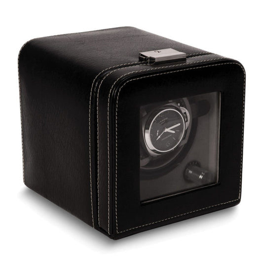 Black Leather with Glass Door Velour Lined with Locking Clasp Single Travel Watch Winder (AC or Batteries)