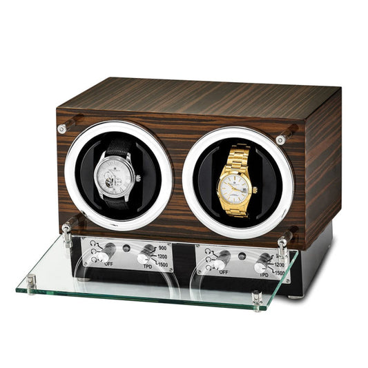 Luxury Giftware High Gloss Ebony Wood Veneer Glass Door Dual Watch Winder (AC Powered)