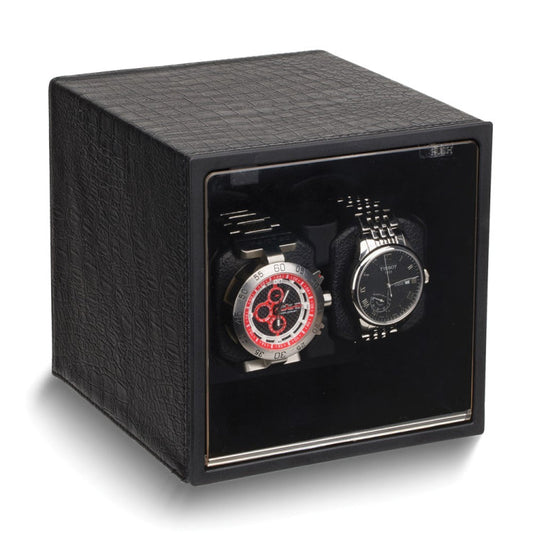 Rotations Black Faux Leather with Acrylic Window Wood Composite Dual Watch Winder (AC or Batteries)