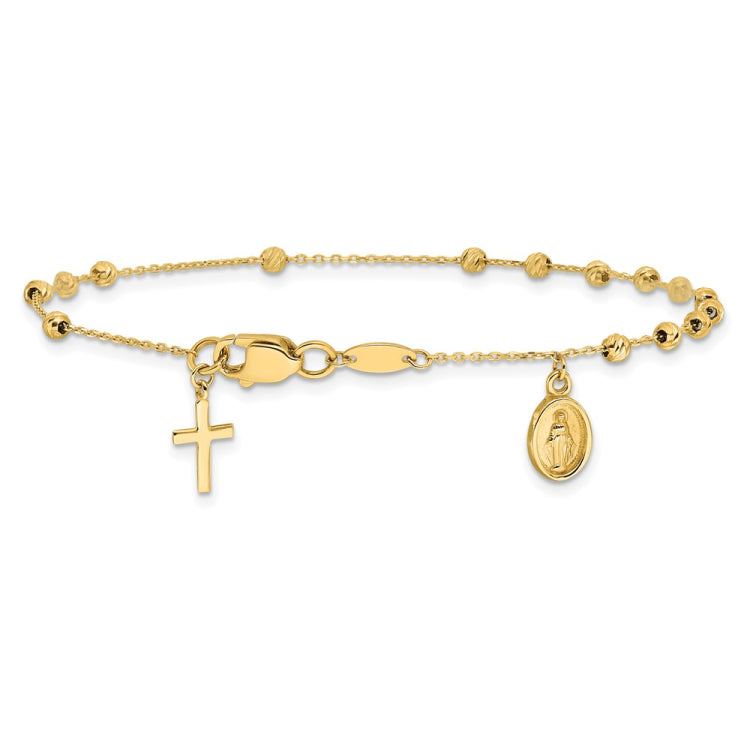 14K Polished and Diamond-cut Miraculous Medal and Cross Rosary Design Brace