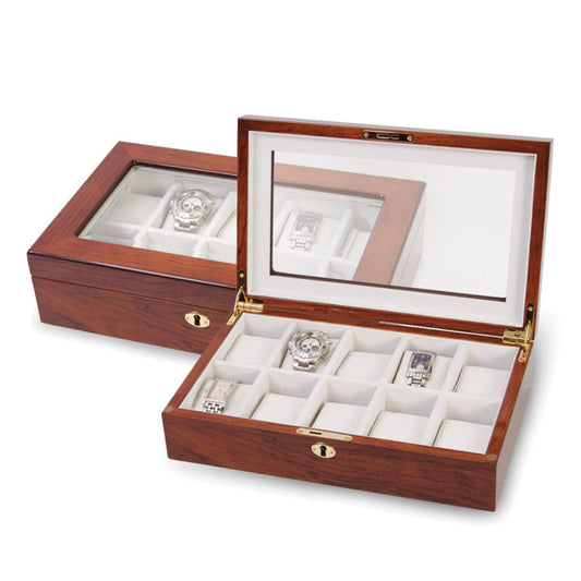 Luxury Giftware High Gloss Rosewood Finish Veneer Beveled Glass Lid Locking Wooden 10-Watch Case