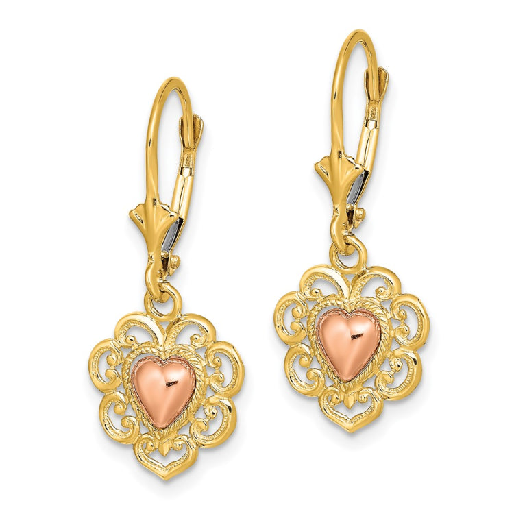 14k Two-Tone Polished Heart Leverback Earrings