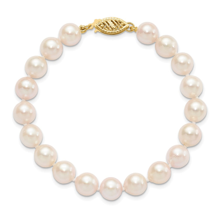 14k 7-8mm Round White Saltwater Akoya Cultured Pearl Bracelet