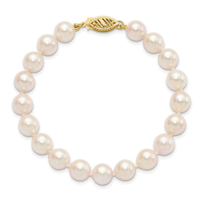 14k 7-8mm Round White Saltwater Akoya Cultured Pearl Bracelet