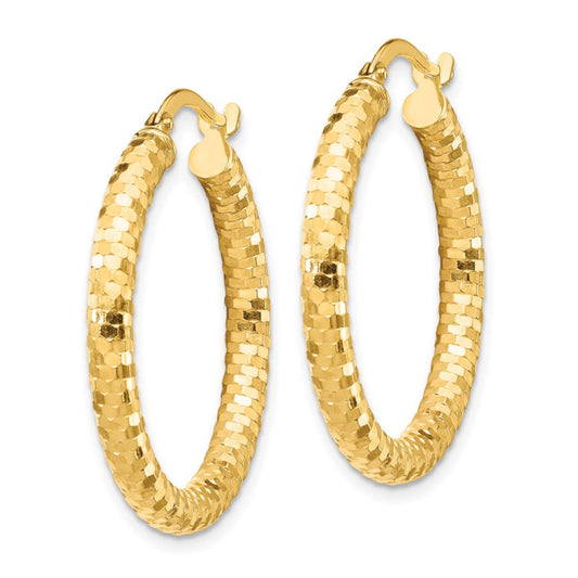 14K 3x27mm Diamond-cut Hoop Earrings