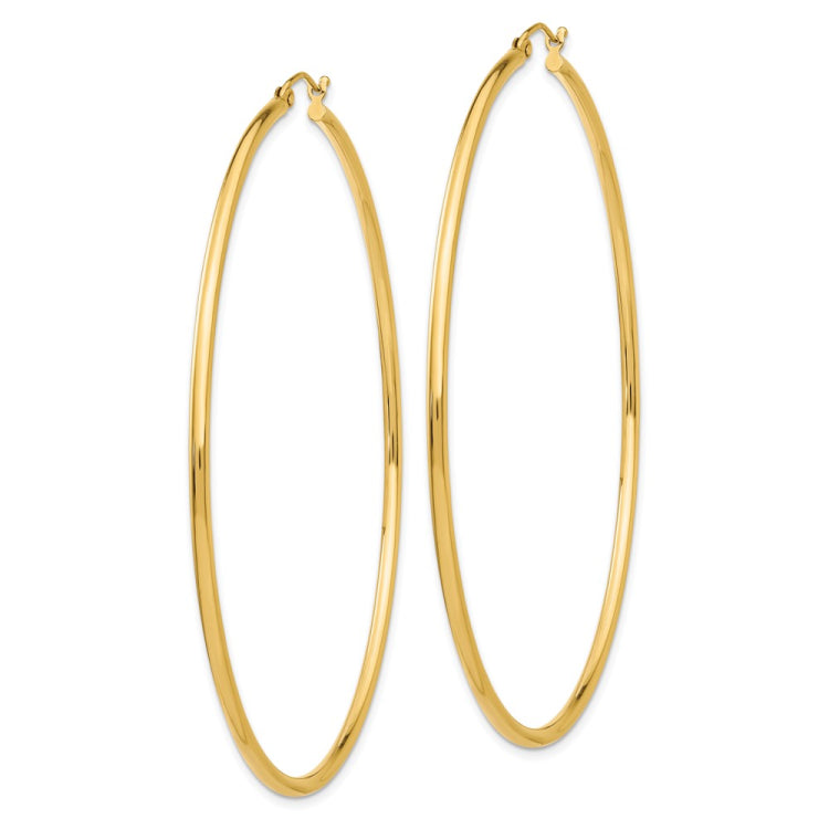 14k Polished 2x70mm Lightweight Round Tube Hoop Earrings