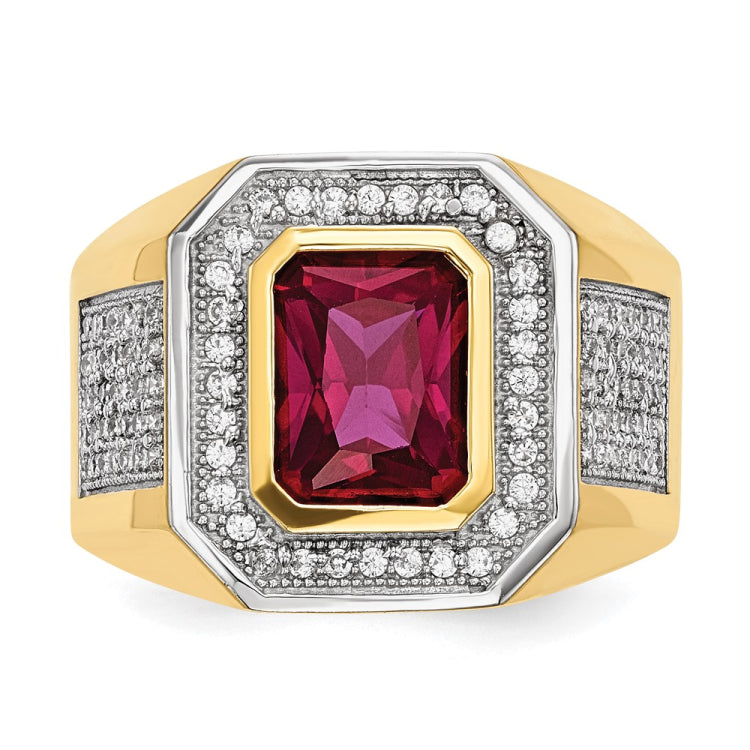 14k w/Rhodium CZ & Emerald-cut Red CZ Mens Ring