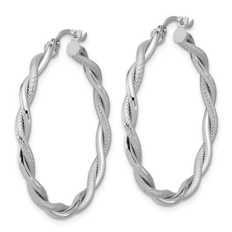 14k White Gold Large 3mm Polished & Diamond-cut Twisted Hoops