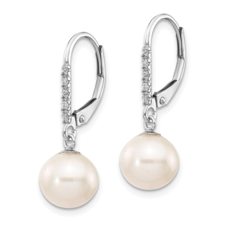 14k White Gold 8-9mm Round FWC Pearl .05ct Diamond Leverback Earrings