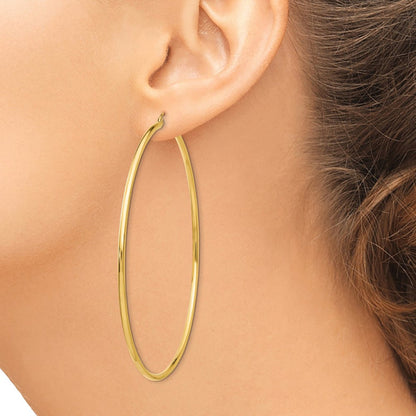 14k Polished 2x75mm Lightweight Round Tube Hoop Earrings