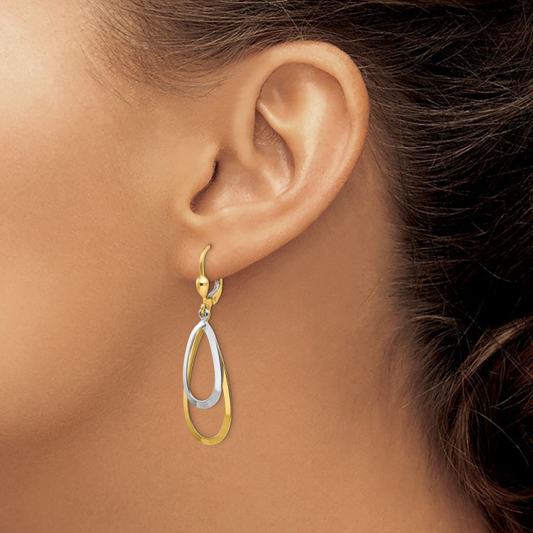 14k Two-tone Oval Leverback Tear Drop Earrings