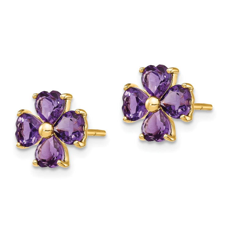 14k Heart-shaped Amethyst Flower Post Earrings