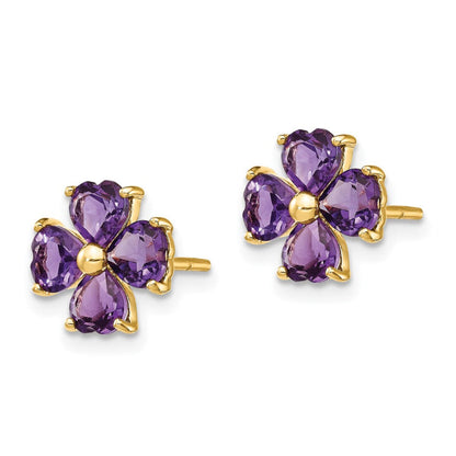 14k Heart-shaped Amethyst Flower Post Earrings