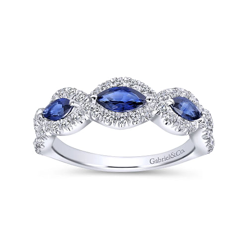 Gabriel & Co | 14K White Gold Twisted Diamond Rows and Sapphire Marquise Stones Ring