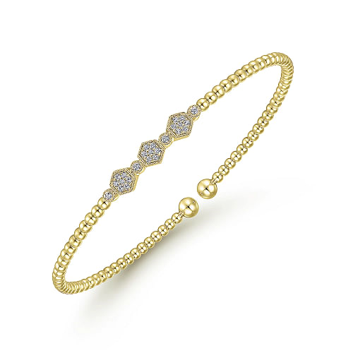 Gabriel & Co | 14K Yellow Gold Bujukan Bead and Hexagon Cluster Diamond Bangle