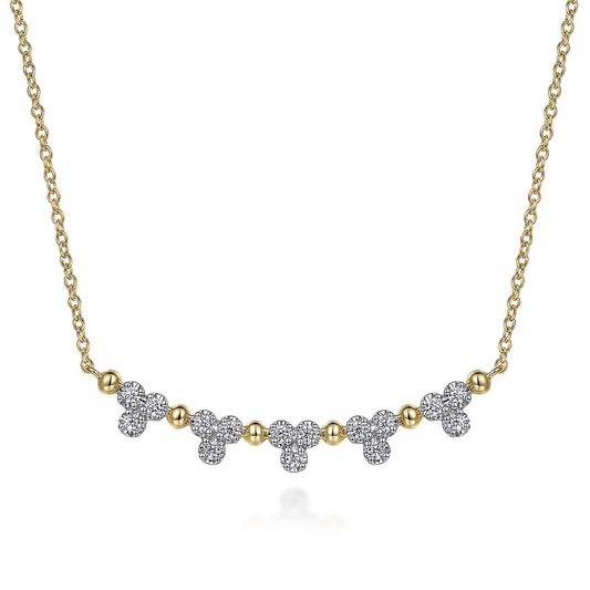 Gabriel & Co | 14K Yellow Gold Bujukan Bar Necklace with Diamond Trio Stations