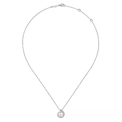 Gabriel & Co | 14K White Gold Round Pearl Pendant Necklace with Diamond Halo Swirl