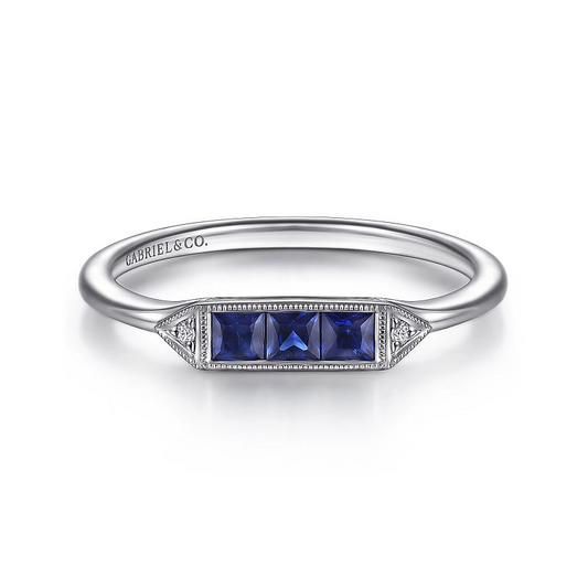 Gabriel & Co | 14K White Gold Diamond and Trio Princess Cut Sapphire Ladies Ring