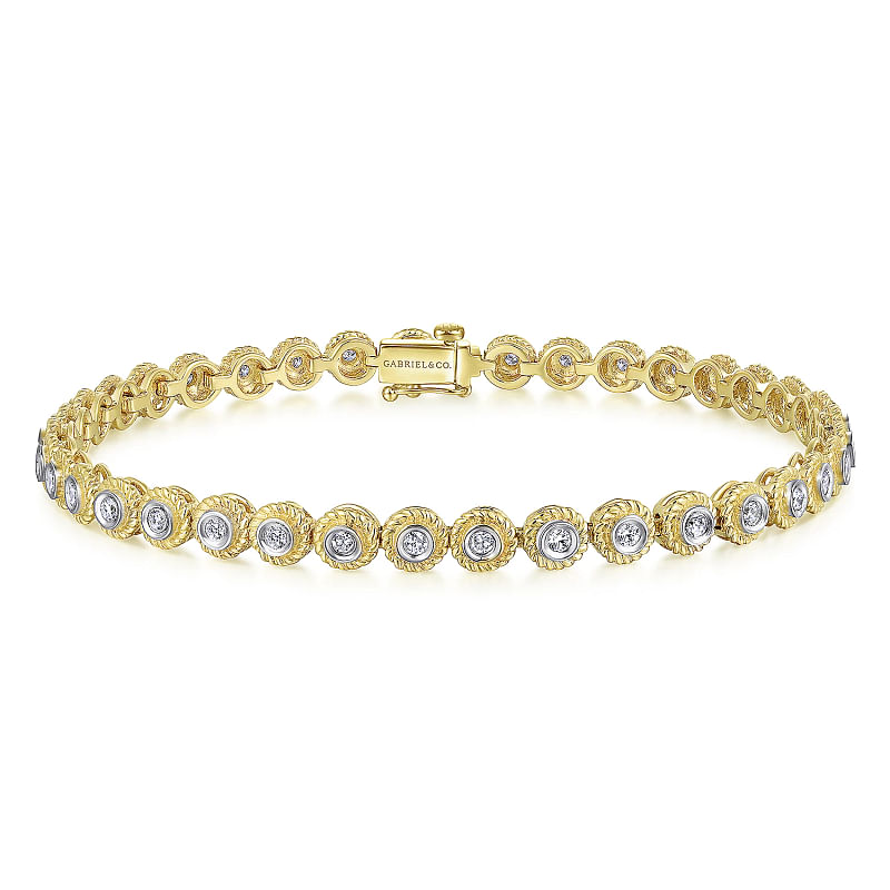 Gabriel & Co | 14K Yellow Gold Bezel Set Diamond Tennis Bracelet with Twisted Rope Frame