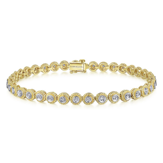 Gabriel & Co | 14K Yellow Gold Bezel Set Diamond Tennis Bracelet with Twisted Rope Frame