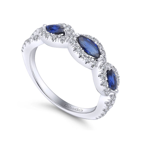 Gabriel & Co | 14K White Gold Twisted Diamond Rows and Sapphire Marquise Stones Ring