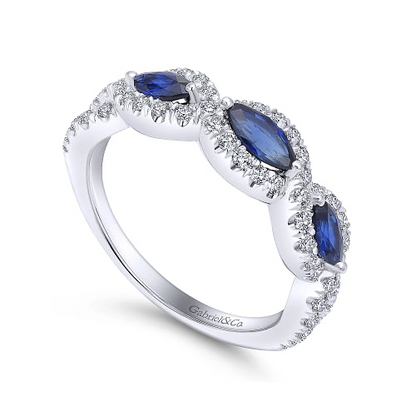 Gabriel & Co | 14K White Gold Twisted Diamond Rows and Sapphire Marquise Stones Ring