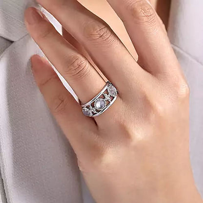 Gabriel & Co | 925 Sterling Silver Bujukan Rock Crystal and White Mother of Pearl Station Ring