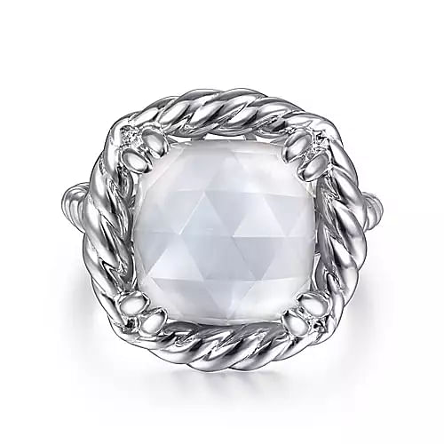 Gabriel & Co | 925 Sterling Silver Rope Rock Crystal and White Mother of Pearl Signet Ring