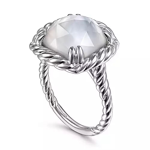 Gabriel & Co | 925 Sterling Silver Rope Rock Crystal and White Mother of Pearl Signet Ring