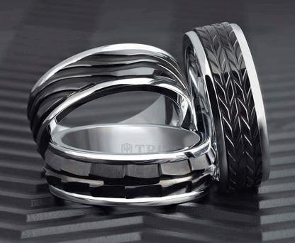 6MM Black Tungsten Carbide Ring - Tire Tread Black Titanium Insert with Round Edge